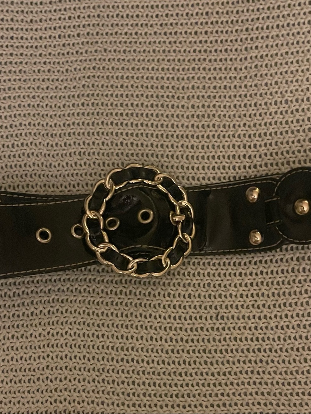 Kathy Van Zeeland Black Patent Wide Waist Belt | Chain Buckle | Size S